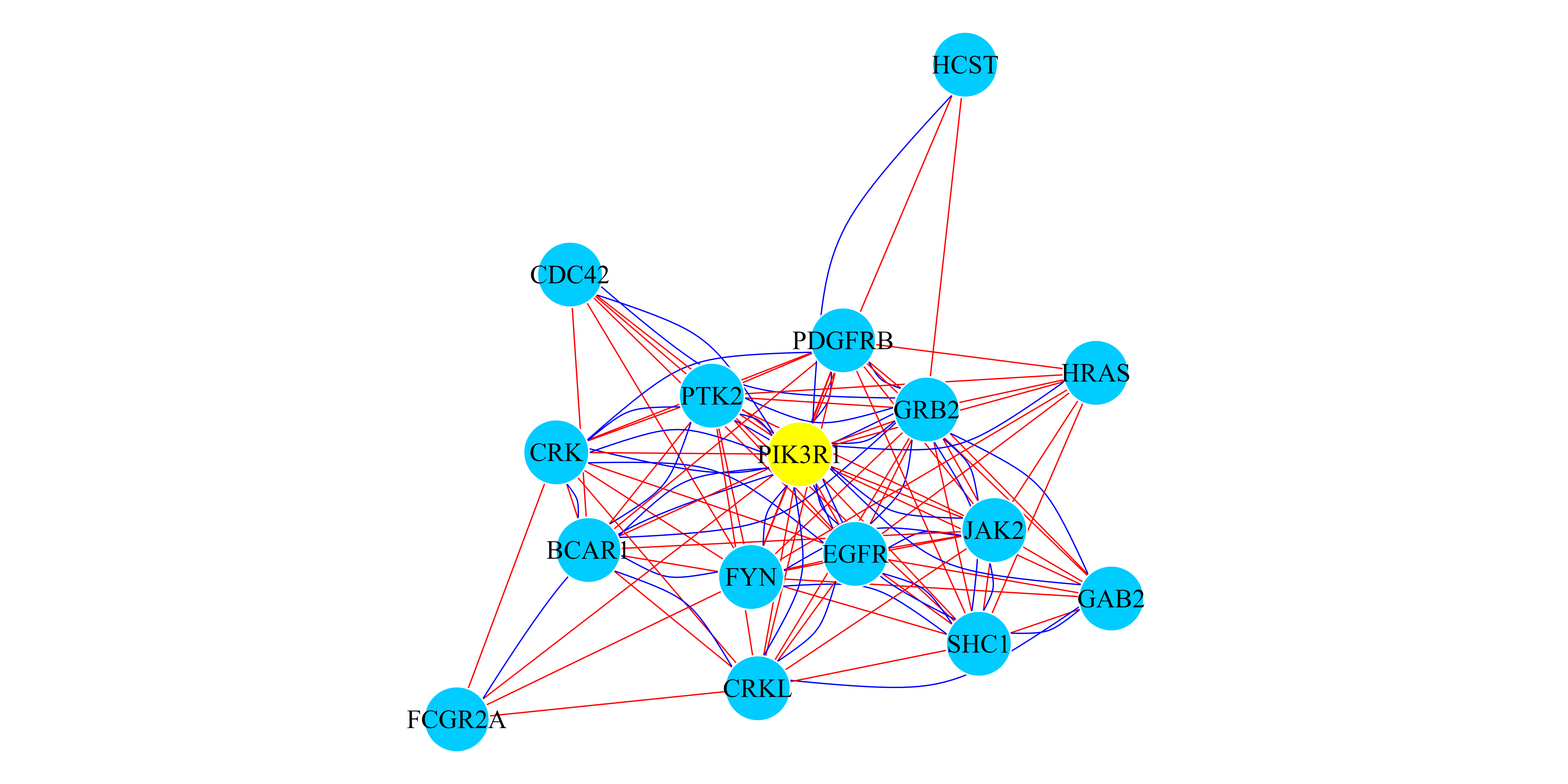 Figure 3: RWR-M on a multiplex PPI-Pathway Network. Network representation of the top 15 ranked genes when the RWR-M algorithm is executed using the *PIK3R1* gene (yellownode). Blue curved edges are PPI interactions and red straight edges are Pathways links. All the interactions are aggregated into a monoplex network only for visualization purposes.