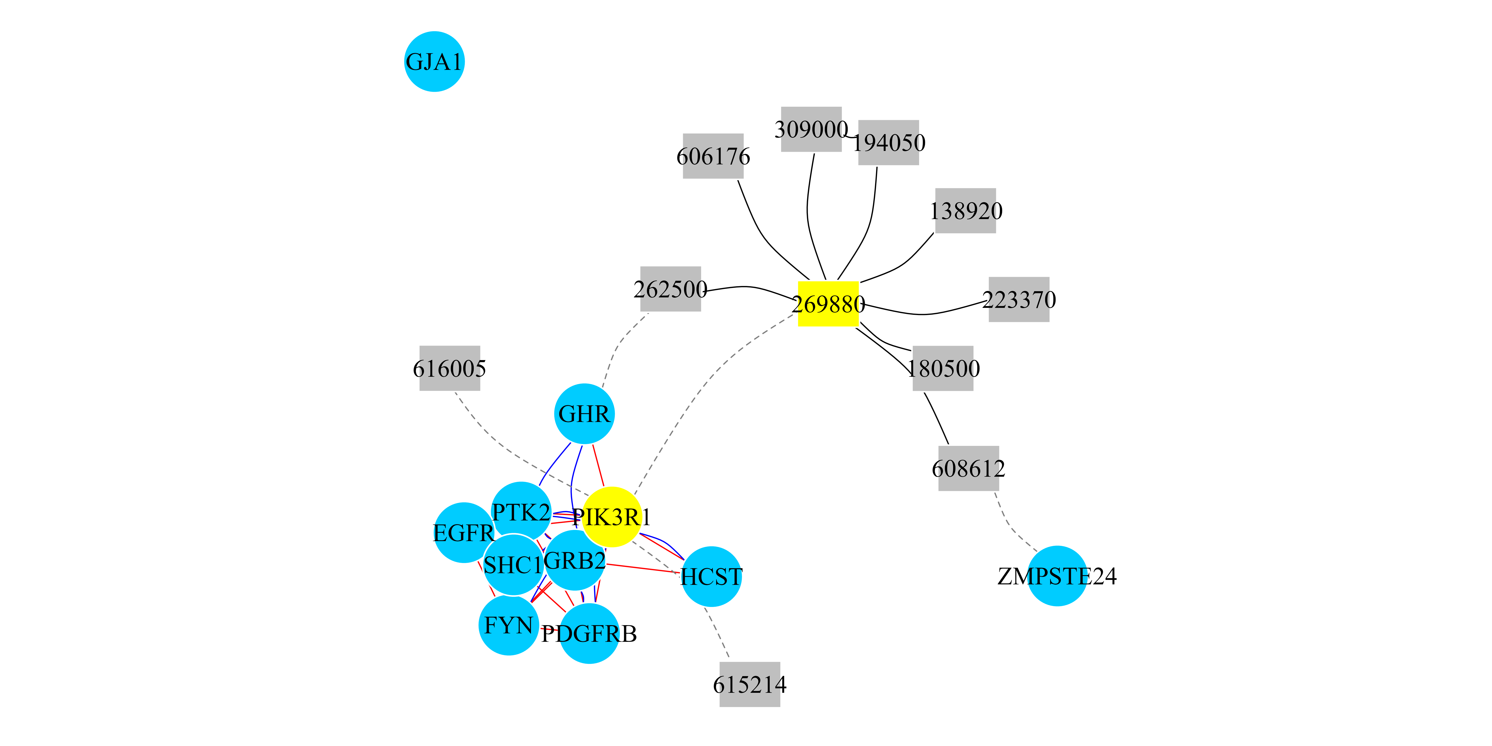 Figure 4: RWR-MH on a multiplex and heterogeneous network (PPI-Pathway-Disease). Network representation of the top 10 ranked genes and the top 10 ranked diseases when the RWR-H algorithm is executed using the PIK3R1 gene and the SHORT syndrome disease (MIM code: 269880) as seeds (yellow nodes). Circular nodes represent genes and rectangular nodes show diseases. Blue curved edges are PPI interactions and red straight edges are Pathways links. Black edges are similarity links between diseases. Dashed edges are the bipartite gene-disease associations. Multiplex interactions are aggregated into a monoplex network only for visualization purposes.