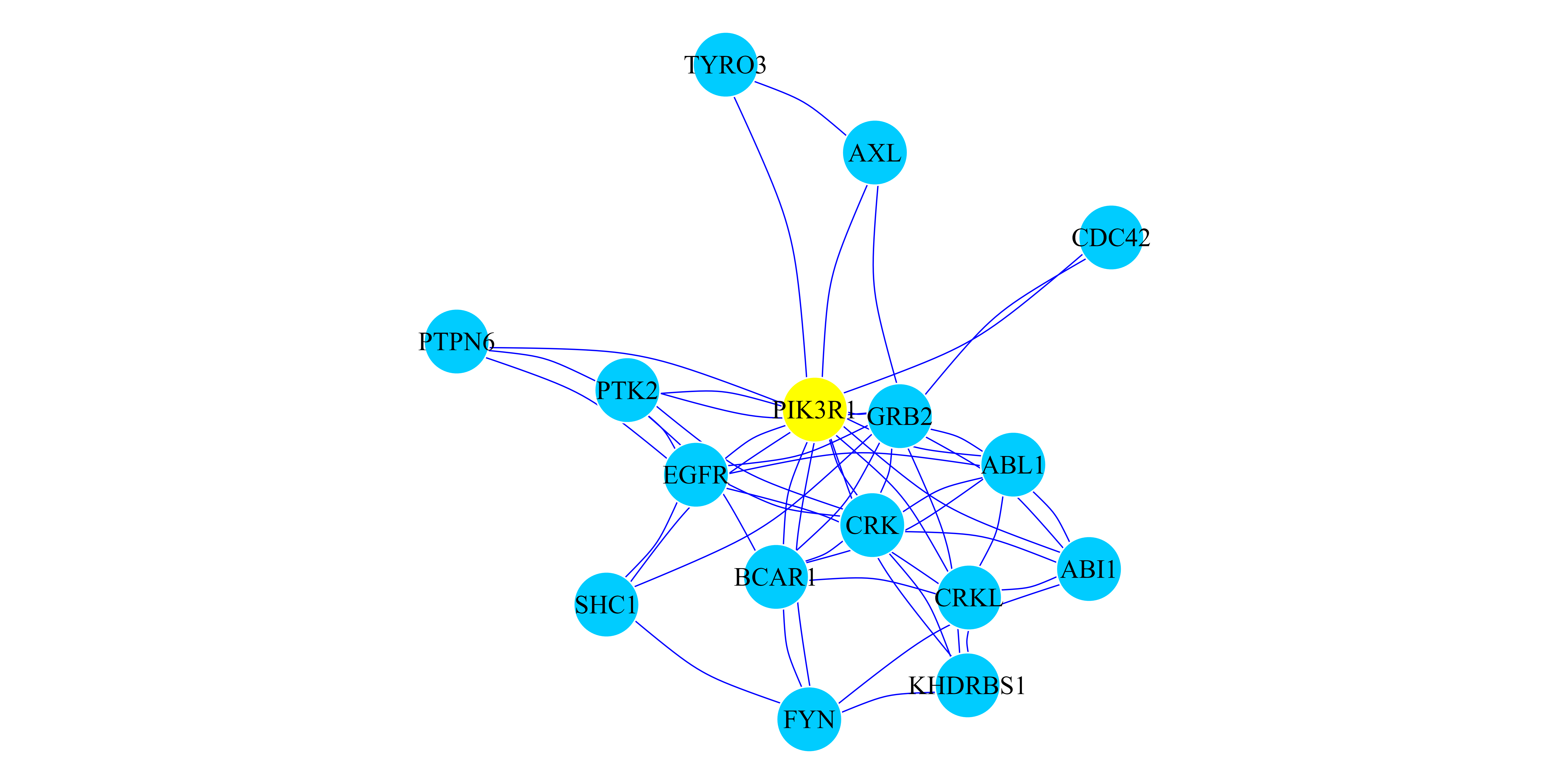 Figure 1: RWR on a monoplex PPI Network. Network representation of the top 15 ranked genes when the RWR algorithm is executed using the PIK3R1 gene as seed (yellow node). Blue edges represent PPI interactions.